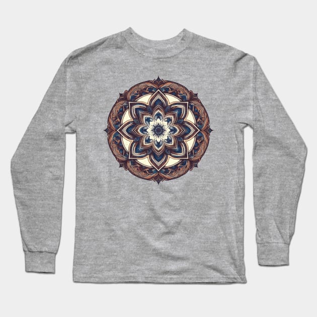 Mandala Brown Blue 1 Long Sleeve T-Shirt by sapphire seaside studio